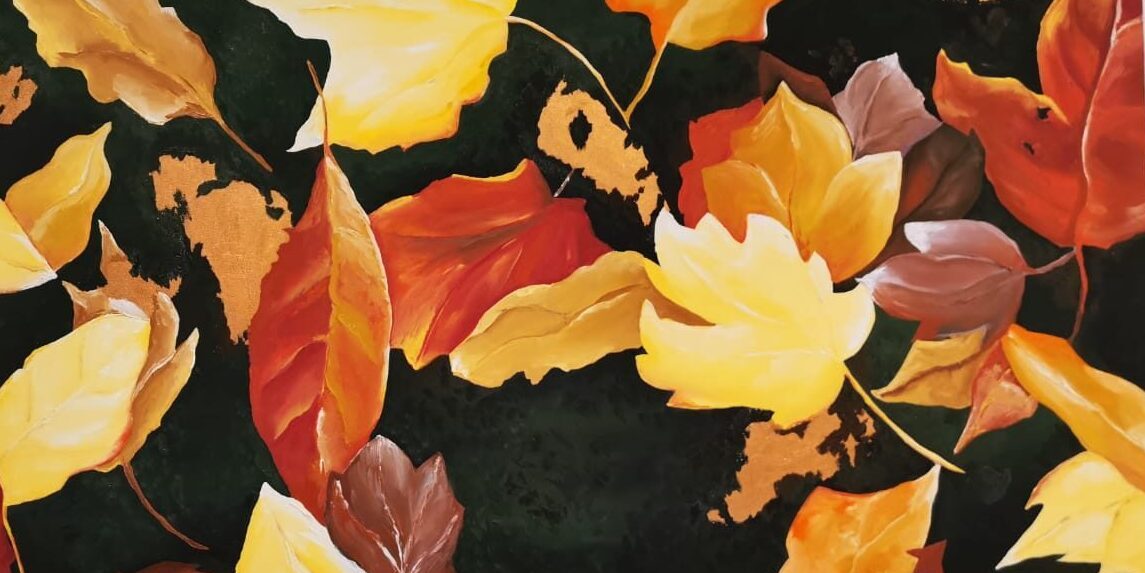 acrilico sobre tela com folhas de outono e folha de ouro