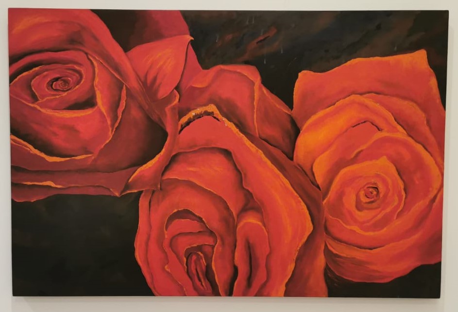 tela pintada com tinta à oleo de rosas vermelhas canvas painted with oil paint of red roses